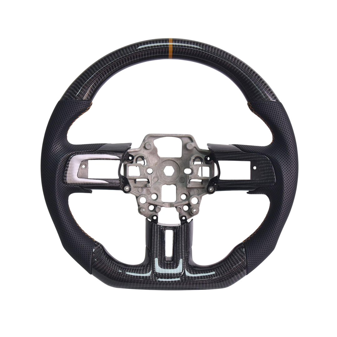 2015-23 Mustang Black Leather Brown Stitching Carbon Fiber Steering Wheel