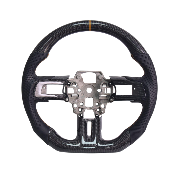 2015-23 Mustang Black Leather Brown Stitching Carbon Fiber Steering Wheel