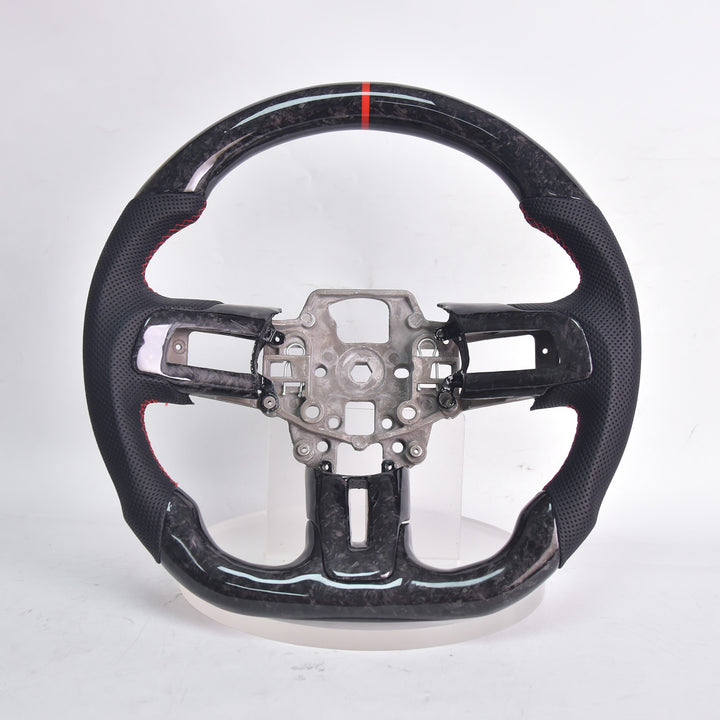 2015-23 Ford Mustang Forged Carbon Fiber Perforated Leather Steering Wheel | Red Stripe
