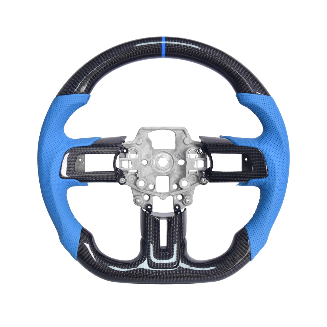 2015-23 Ford Mustang Carbon Fiber Steering Wheel Blue Perforated Leather Blue Stitching Blue Stripe