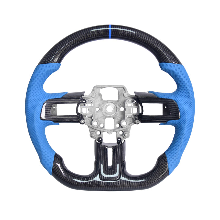 2015-23 Ford Mustang Carbon Fiber Steering Wheel Blue Perforated Leather Blue Stitching Blue Stripe