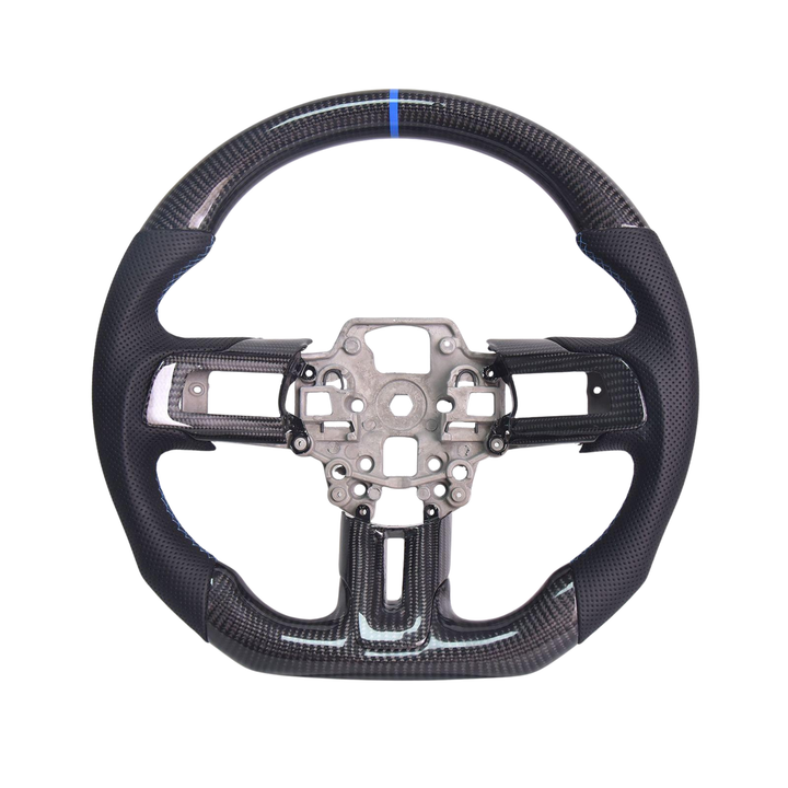 2015-23 Mustang Black Leather Blue Stitching Carbon Fiber Steering Wheel