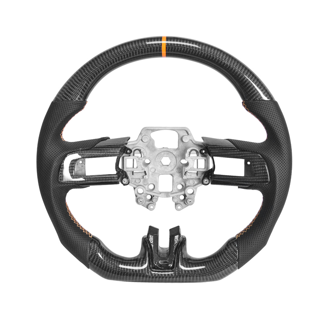 2015-23 Mustang Carbon Fiber Steering Wheel Black Perforated Leather Orange Stitching Orange Stripe