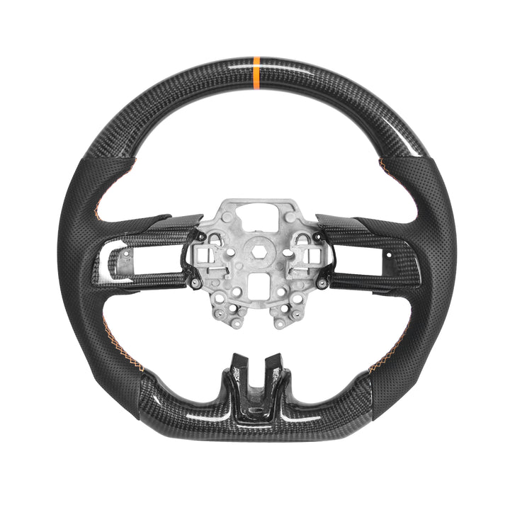 2015-23 Mustang Carbon Fiber Steering Wheel Black Perforated Leather Orange Stitching Orange Stripe