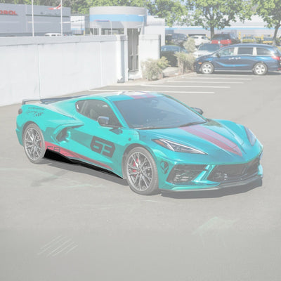 Close-up image of 2020-Up Corvette C8 5VM Style 2PCS Carbon Fiber Side Skirts Rocker Panel – enhances aerodynamics and gives the C8 a sleek, aggressive look.