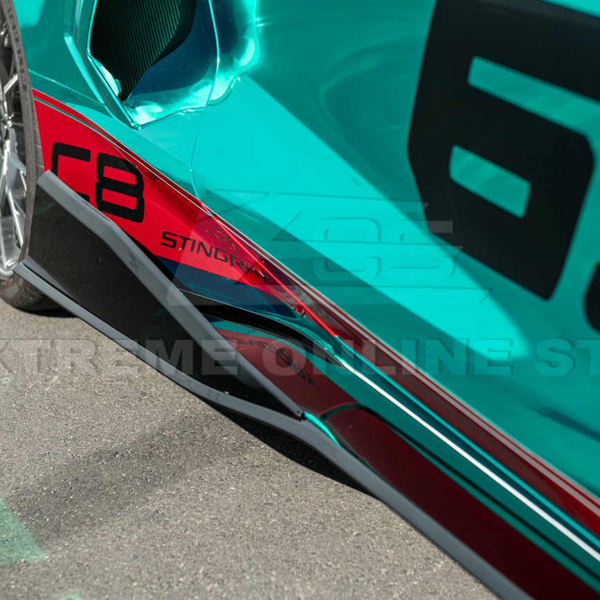 Close-up image of 2020-Up Corvette C8 5VM Style 2PCS Carbon Fiber Side Skirts Rocker Panel – enhances aerodynamics and gives the C8 a sleek, aggressive look.