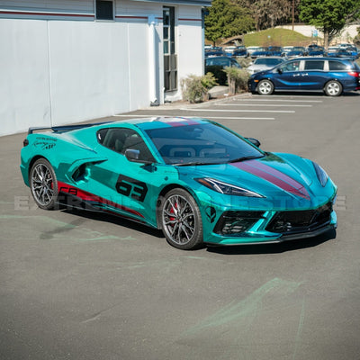 Close-up image of 2020-Up Corvette C8 5VM Style 2PCS Carbon Fiber Side Skirts Rocker Panel – enhances aerodynamics and gives the C8 a sleek, aggressive look.
