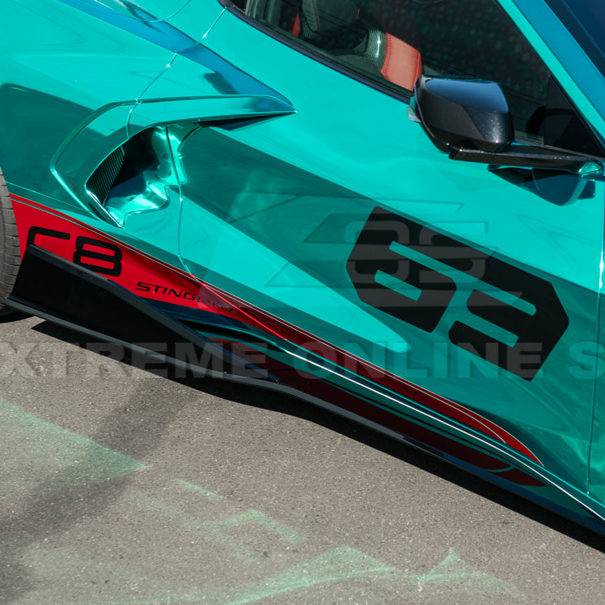 Close-up image of 2020-Up Corvette C8 5VM Style 2PCS Carbon Fiber Side Skirts Rocker Panel – enhances aerodynamics and gives the C8 a sleek, aggressive look.