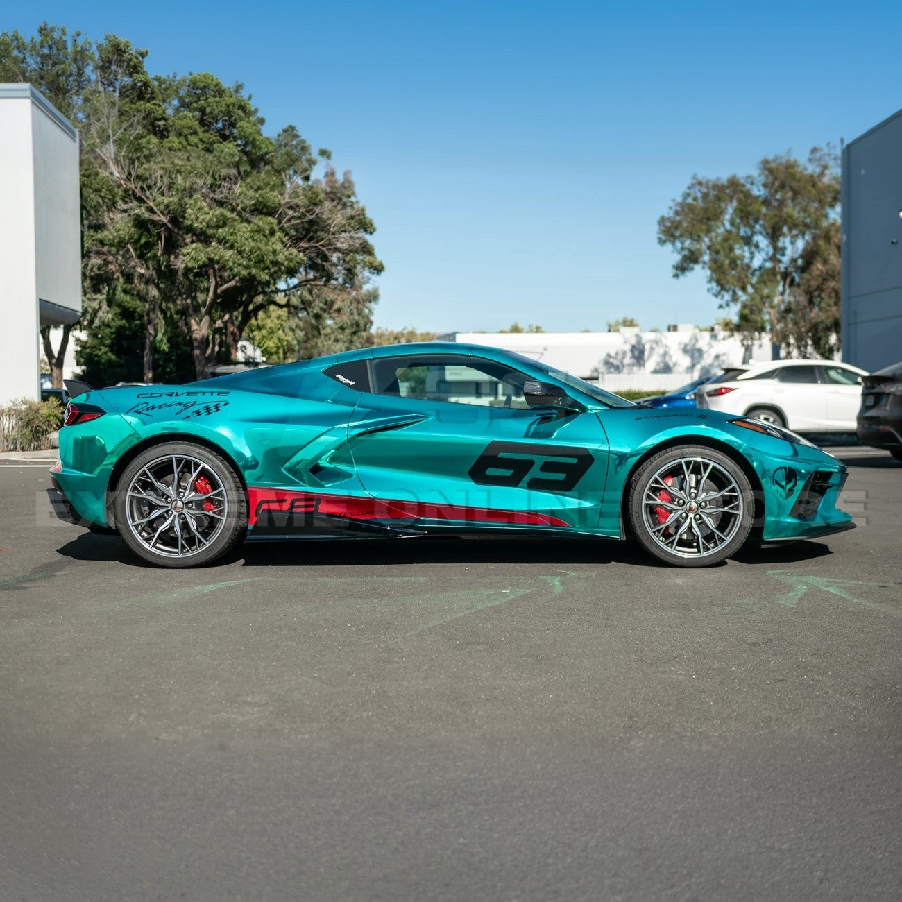 Close-up image of 2020-Up Corvette C8 5VM Style 2PCS Carbon Fiber Side Skirts Rocker Panel – enhances aerodynamics and gives the C8 a sleek, aggressive look.