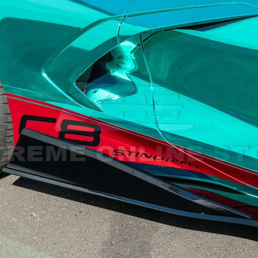 Close-up image of 2020-Up Corvette C8 5VM Style 2PCS Carbon Fiber Side Skirts Rocker Panel – enhances aerodynamics and gives the C8 a sleek, aggressive look.