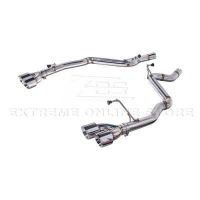 2024 Ford Mustang GT muffler delete axle-back exhaust system with quad burnt tips installed on rear bumper