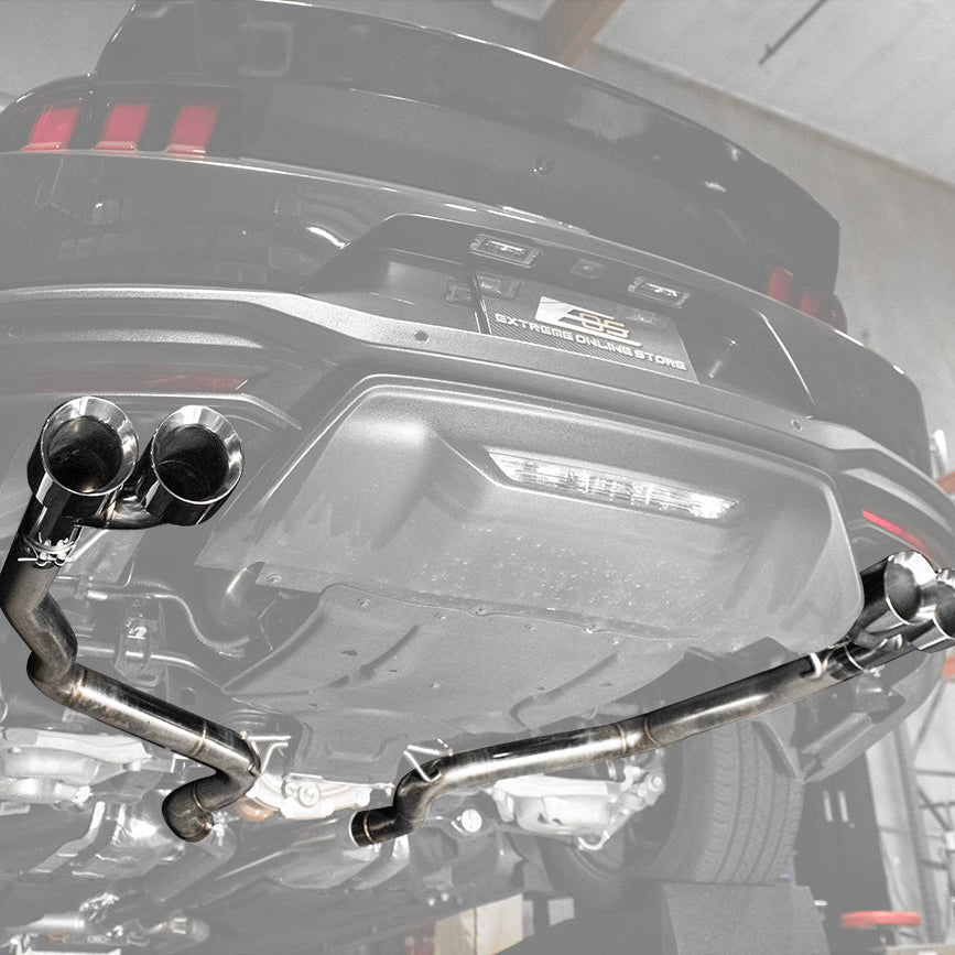 2024 Ford Mustang GT muffler delete axle-back exhaust system with quad burnt tips installed on rear bumper