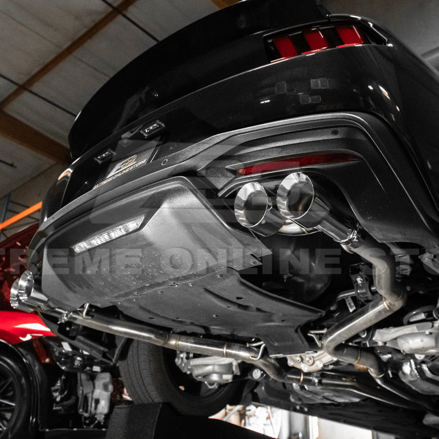 2024 Ford Mustang GT muffler delete axle-back exhaust system with quad burnt tips installed on rear bumper