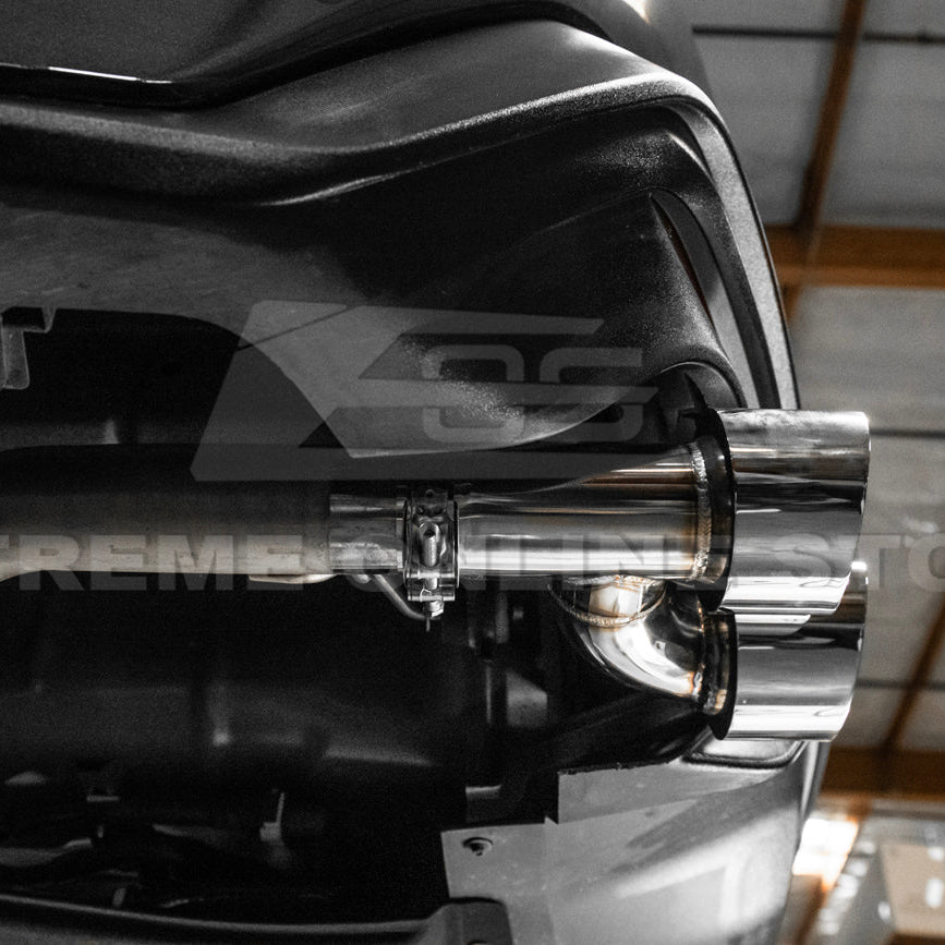 2024 Ford Mustang GT muffler delete axle-back exhaust system with quad burnt tips installed on rear bumper