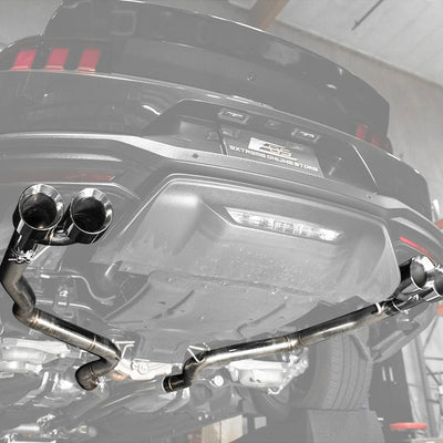 2024 Ford Mustang GT muffler delete axle-back exhaust system with quad burnt tips installed on rear bumper
