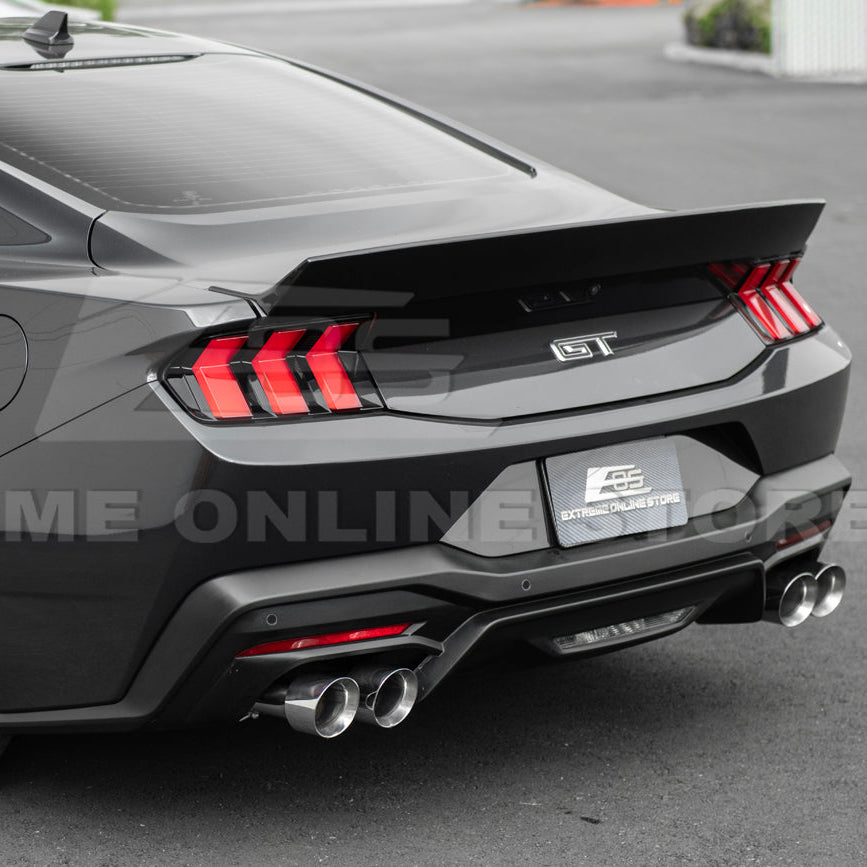 2024 Ford Mustang GT muffler delete axle-back exhaust system with quad burnt tips installed on rear bumper