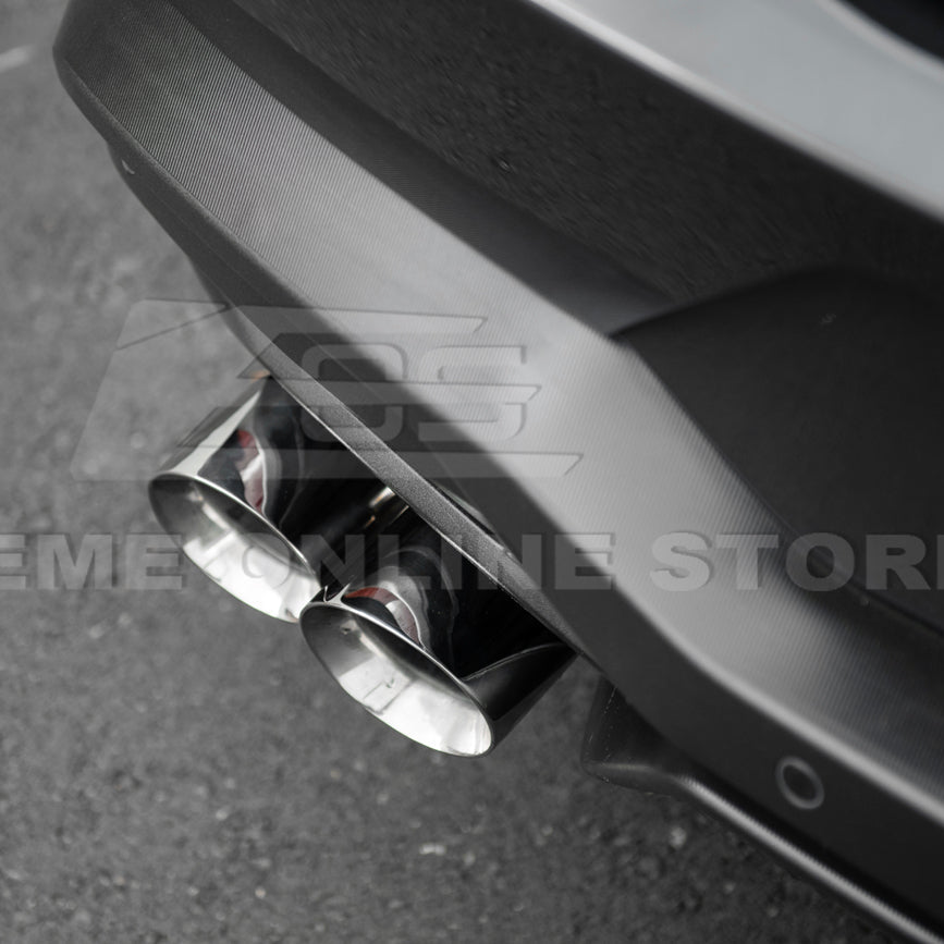 2024 Ford Mustang GT muffler delete axle-back exhaust system with quad burnt tips installed on rear bumper