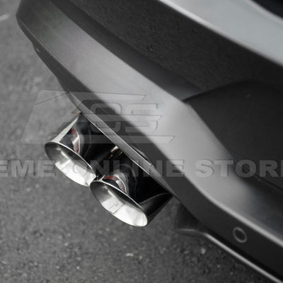 2024 Ford Mustang GT muffler delete axle-back exhaust system with quad burnt tips installed on rear bumper