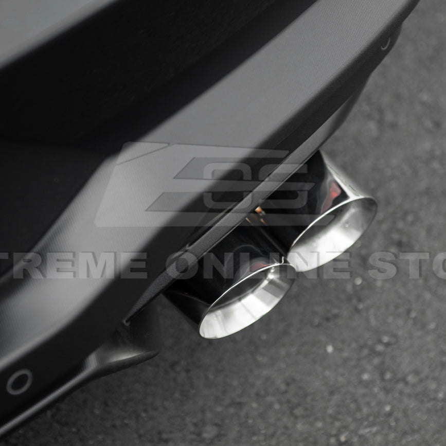 2024 Ford Mustang GT muffler delete axle-back exhaust system with quad burnt tips installed on rear bumper