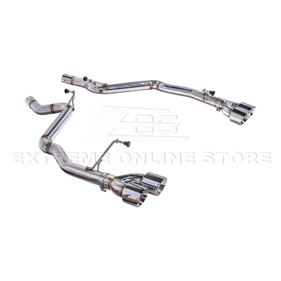 2024 Ford Mustang GT muffler delete axle-back exhaust system with quad burnt tips installed on rear bumper