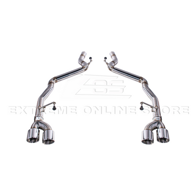 2024 Ford Mustang GT muffler delete axle-back exhaust system with quad burnt tips installed on rear bumper