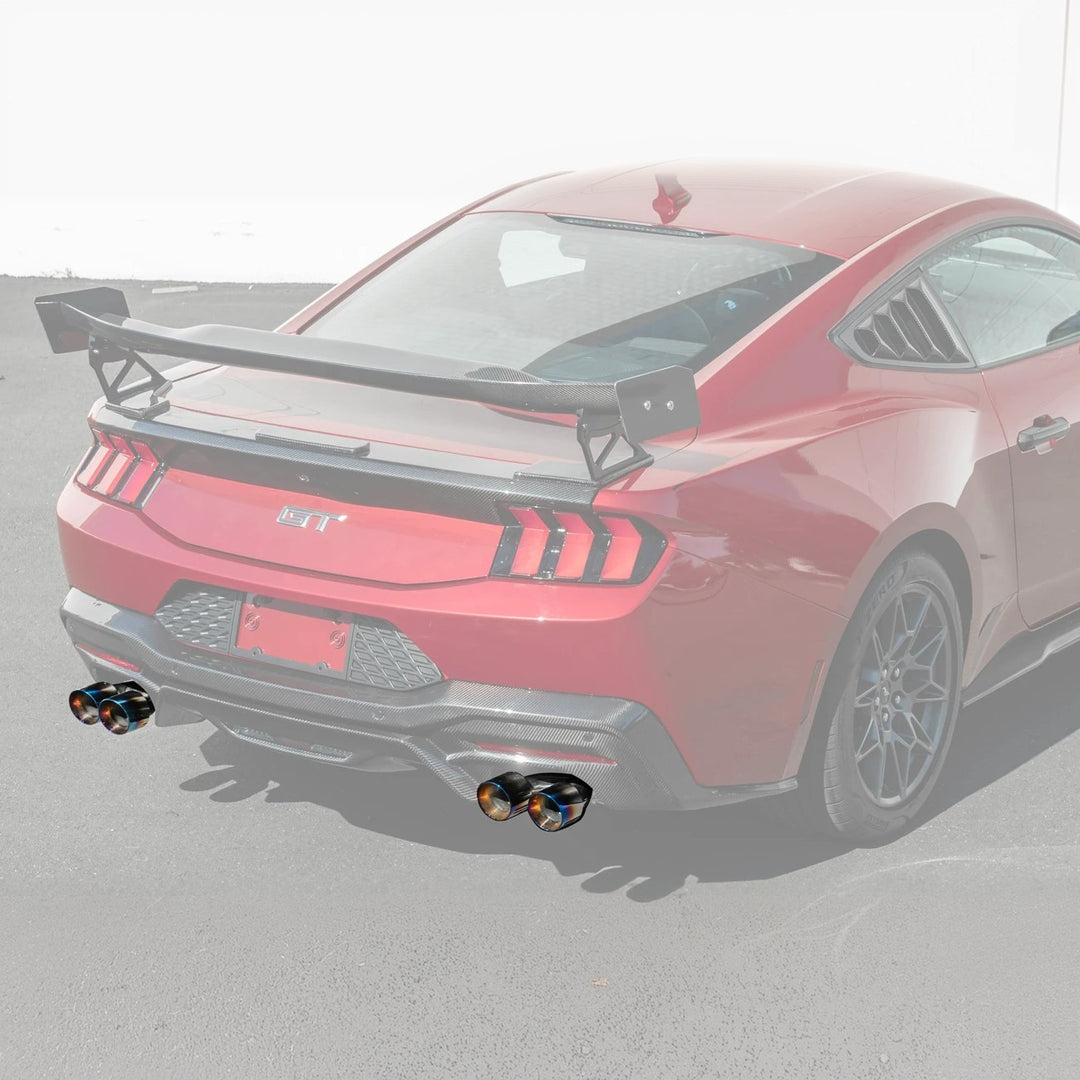 2024 Ford Mustang GT muffler delete axle-back exhaust system with quad burnt tips installed on rear bumper