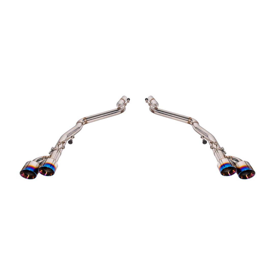 2024 Ford Mustang GT muffler delete axle-back exhaust system with quad burnt tips installed on rear bumper