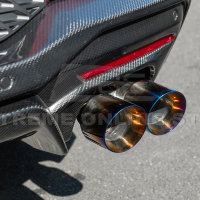 2024 Ford Mustang GT muffler delete axle-back exhaust system with quad burnt tips installed on rear bumper