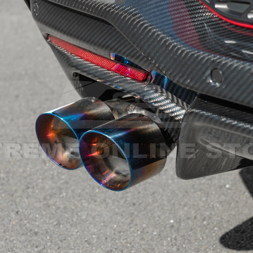 2024 Ford Mustang GT muffler delete axle-back exhaust system with quad burnt tips installed on rear bumper