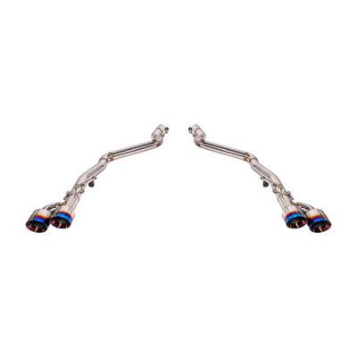 2024 Ford Mustang GT muffler delete axle-back exhaust system with quad burnt tips installed on rear bumper