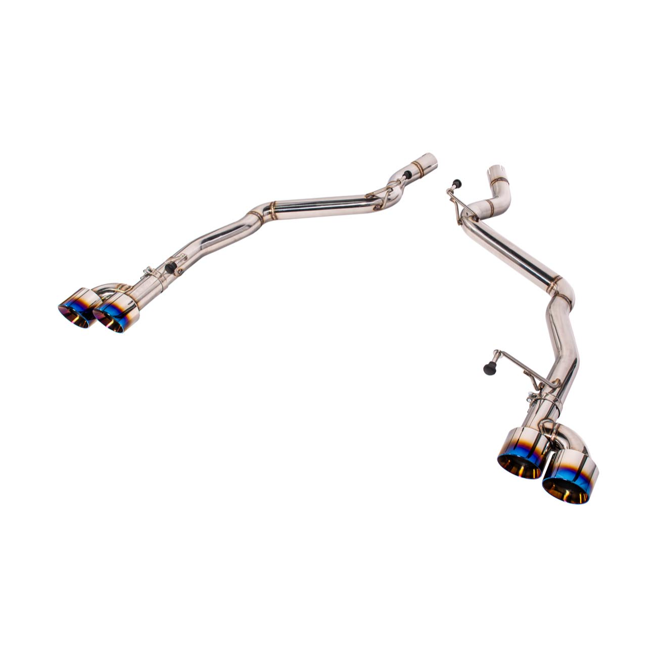 2024 Ford Mustang GT muffler delete axle-back exhaust system with quad burnt tips installed on rear bumper