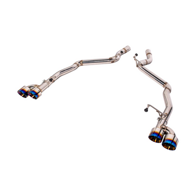 2024 Ford Mustang GT muffler delete axle-back exhaust system with quad burnt tips installed on rear bumper