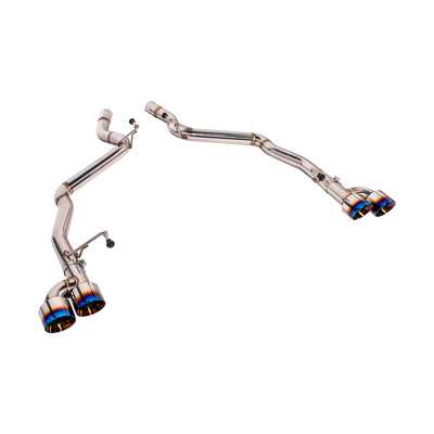 2024 Ford Mustang GT muffler delete axle-back exhaust system with quad burnt tips installed on rear bumper