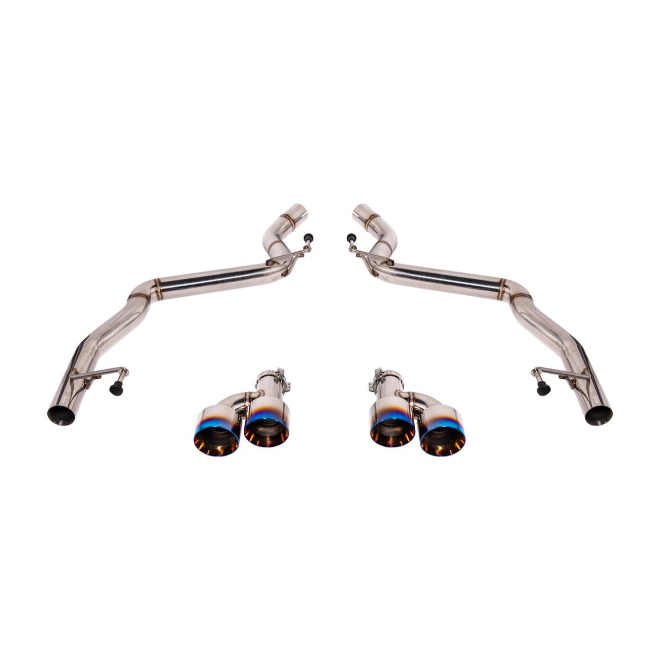 2024 Ford Mustang GT muffler delete axle-back exhaust system with quad burnt tips installed on rear bumper