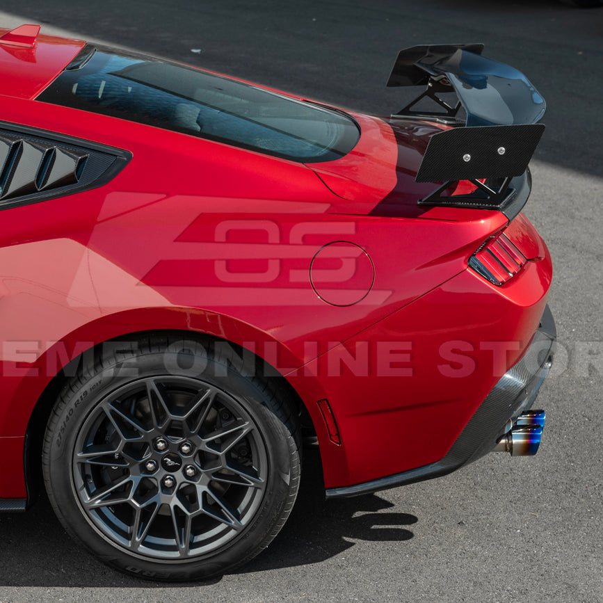 2024 Ford Mustang GT muffler delete axle-back exhaust system with quad burnt tips installed on rear bumper