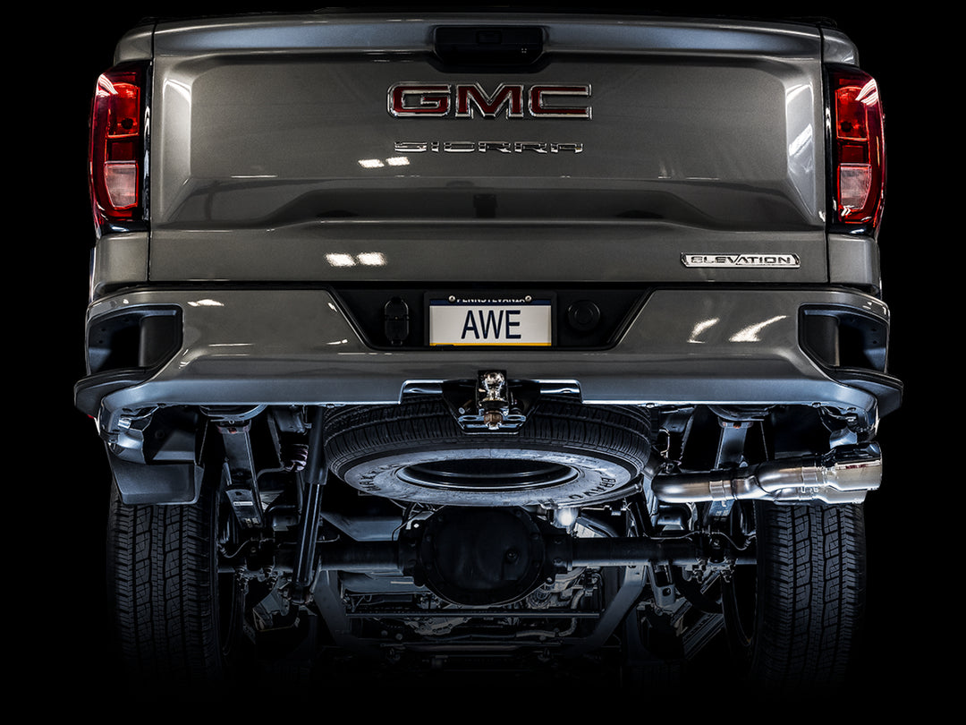 AWE 0FG Catback Dual Side Exit Exhaust for 4th Gen Silverado/Sierra 1500 5.3L (Flat Bumper) - Chrome Silver Tips