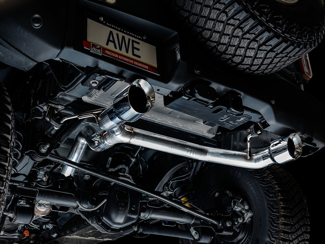 AWE 0FG Catback Exhaust for Ford Bronco with BashGuard™ - Dual 4.5" Chrome Silver Tips
