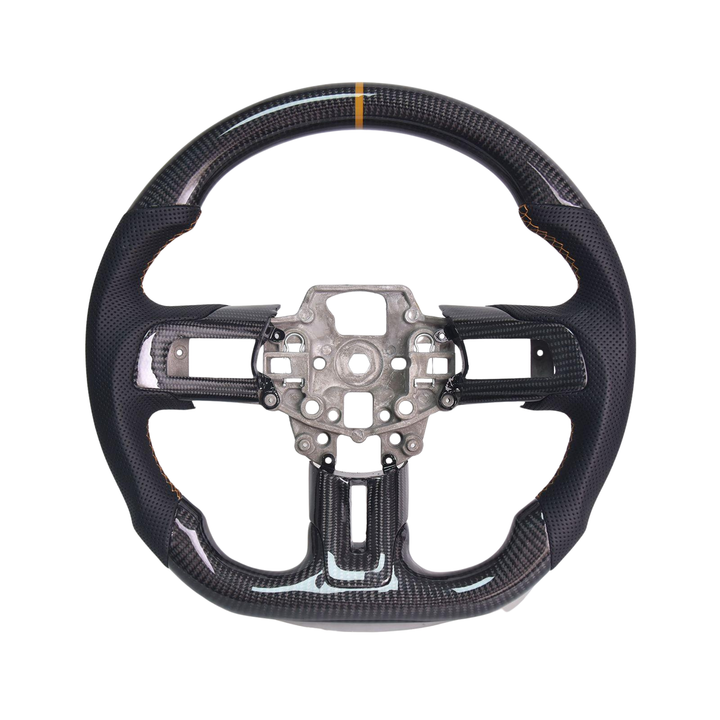 2015-23 Mustang Black Leather Brown Stitching Carbon Fiber Steering Wheel