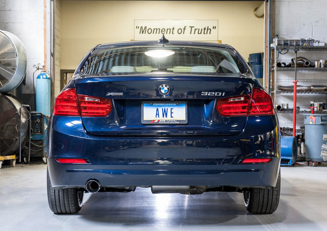 AWE Touring Edition Exhaust + Performance Mid Pipe for BMW F30 320i, Single Side - Chrome Silver Tip (90mm)