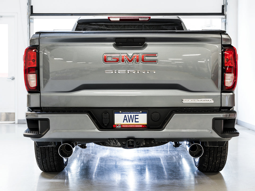 AWE 0FG Catback Split Rear Exit Exhaust for 4th Gen Silverado/Sierra 1500 5.3L (Flat Bumper) - Dual Chrome Silver Tips