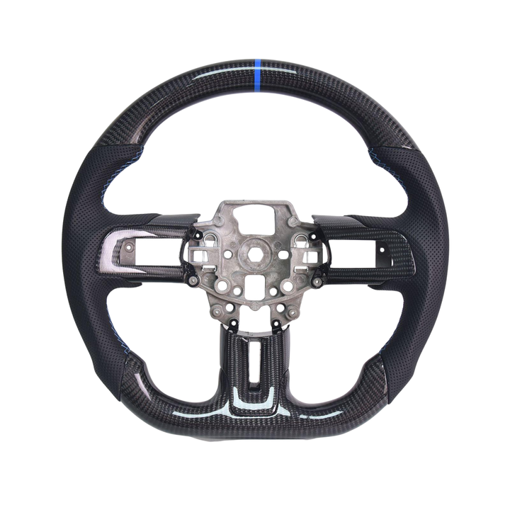 2015-23 Mustang Black Leather Blue Stitching Carbon Fiber Steering Wheel