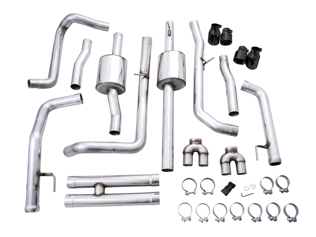 AWE 0FG Catback Split Rear Exit Exhaust for 4th Gen Silverado/Sierra 1500 6.2L (With Bumper Cutouts) - Quad Diamond Black Tips