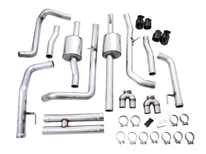 AWE 0FG Catback Split Rear Exit Exhaust for 4th Gen Silverado/Sierra 1500 6.2L (With Bumper Cutouts) - Quad Diamond Black Tips