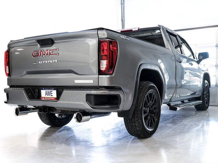 AWE 0FG Catback Split Rear Exit Exhaust for 4th Gen Silverado/Sierra 1500 5.3L (Flat Bumper) - Dual Chrome Silver Tips