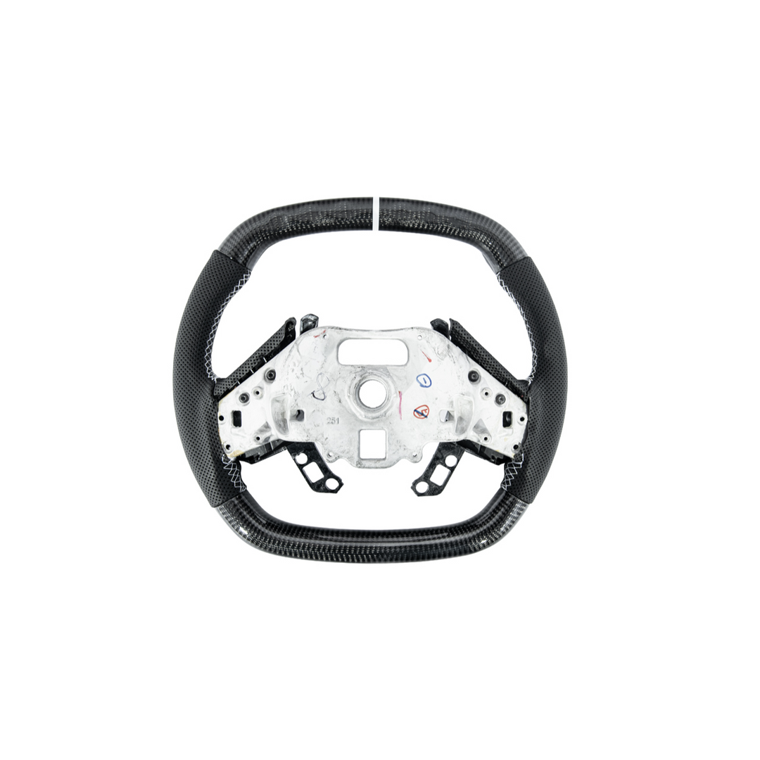 Corvette C8 Carbon Fiber Steering Wheel Black Perforated Leather White Stitching White Stripe