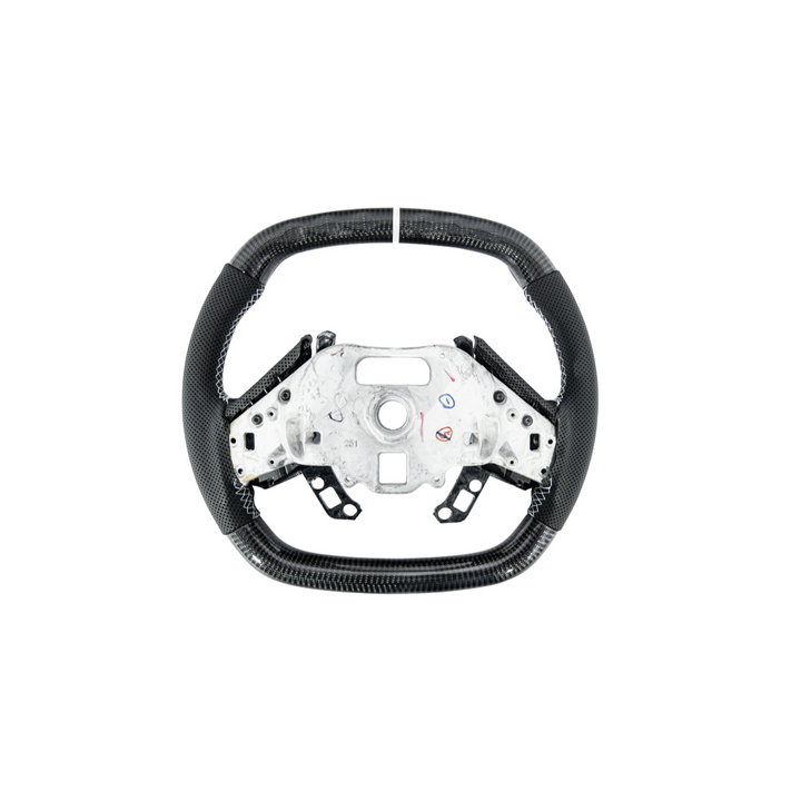Corvette C8 Carbon Fiber Steering Wheel Black Perforated Leather White Stitching White Stripe