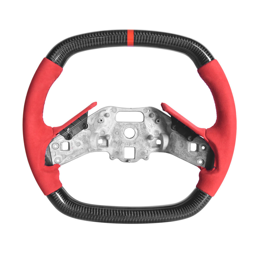 Corvette C8 Carbon Fiber Steering Wheel Red Suede Black Stitching Red Stripe