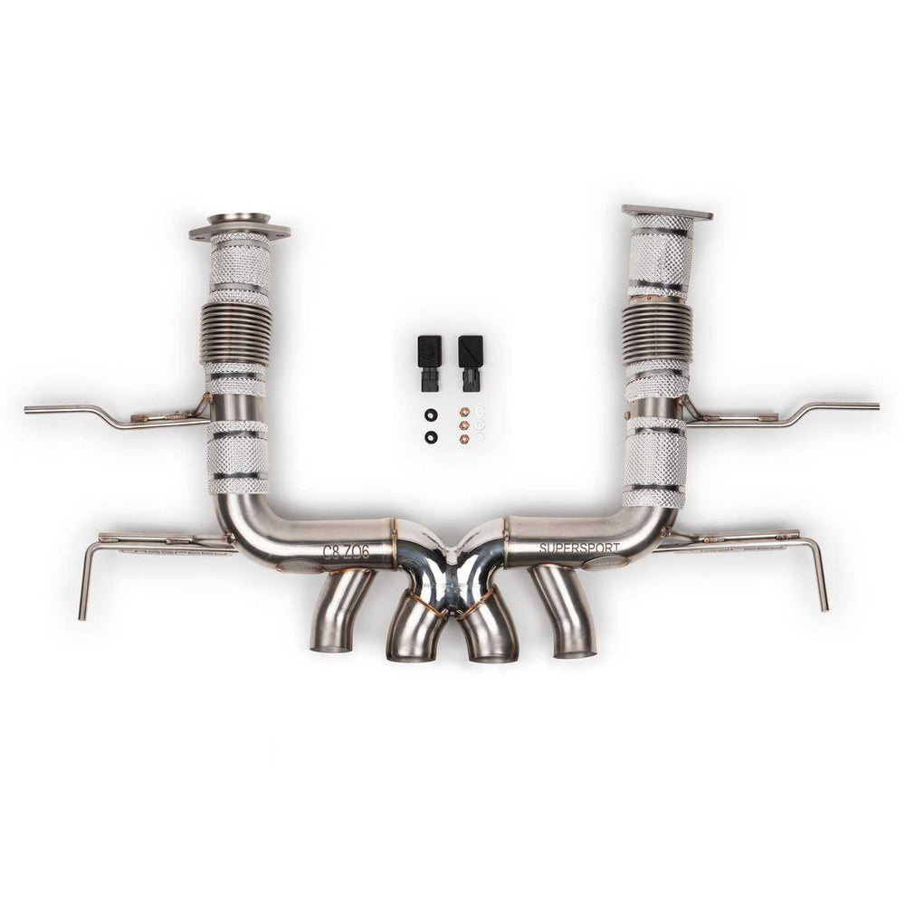 2023 Chevrolet Corvette C8 Z06 SuperSport X-Pipe Cat-Back Exhaust System installed in shop, showcasing premium craftsmanship and performance design.