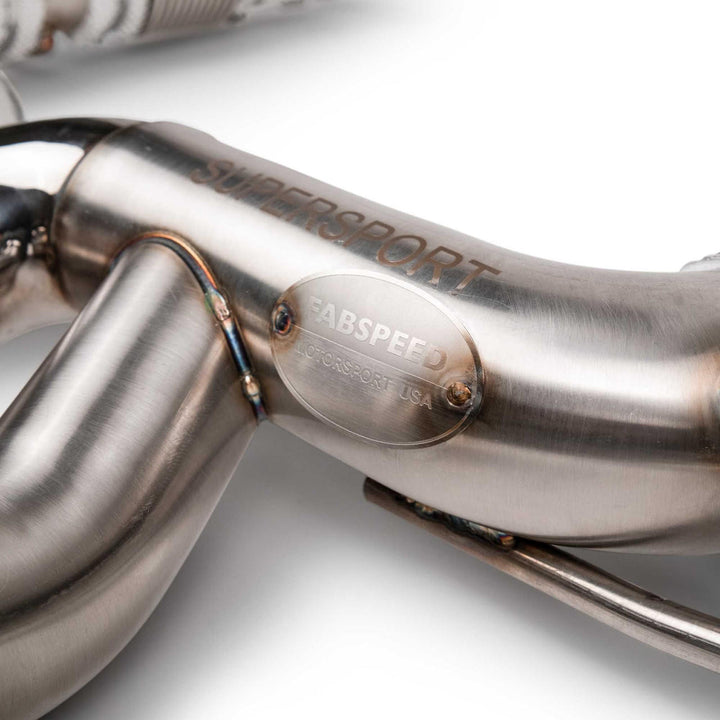 2023 Chevrolet Corvette C8 Z06 SuperSport X-Pipe Cat-Back Exhaust System installed in shop, showcasing premium craftsmanship and performance design.