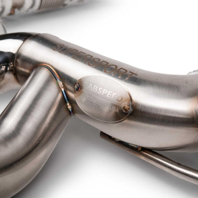 2023 Chevrolet Corvette C8 Z06 SuperSport X-Pipe Cat-Back Exhaust System installed in shop, showcasing premium craftsmanship and performance design.